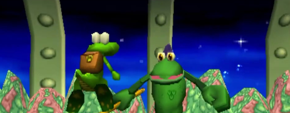 A screenshot of a cutscene in the original Croc; much more lively colors, star visible in sky