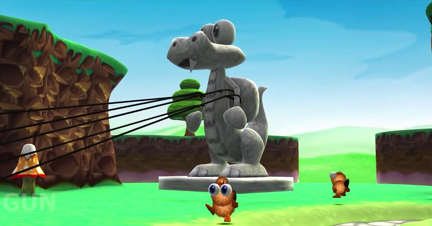 A screenshot of a cutscene in the Croc remake; no or barely visible shadows on the entirely statue, mountains pretty much became another layer of the sky