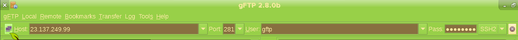 gFTP upper form with server IP, port, username, password, and SSH2 chosen as the protocol
