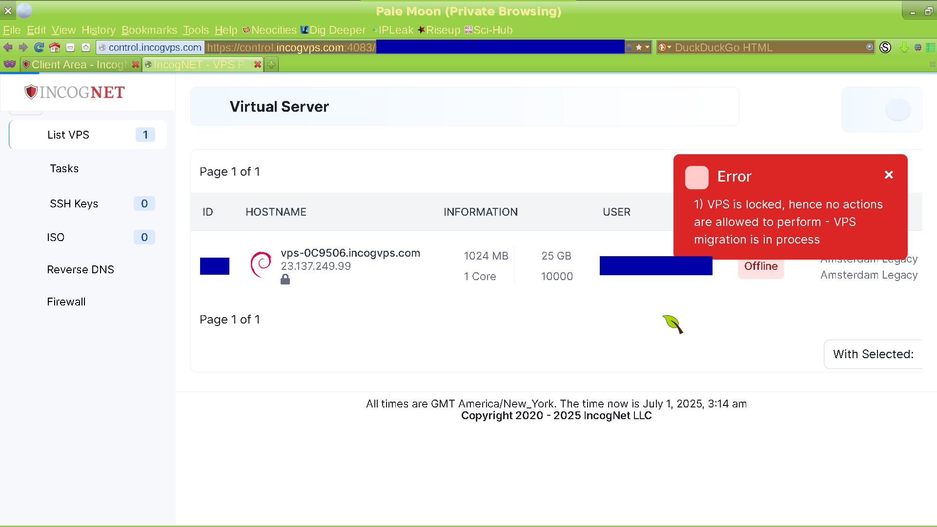 A screenshot of Incognet's VPS management, telling me that my VPS is 'locked' because 'migration is in process' after I tried turning it on. Visible date says July 1, 2 days after migrations were supposed to be finished'