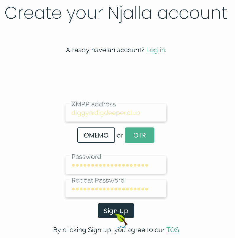 The second registration screen for njalla, with filled login and pass options, as well as choices of encryption type, with cursor over the OTR option
