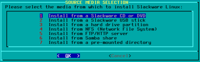 Picking the CD option on the Slackware installation media choice screen