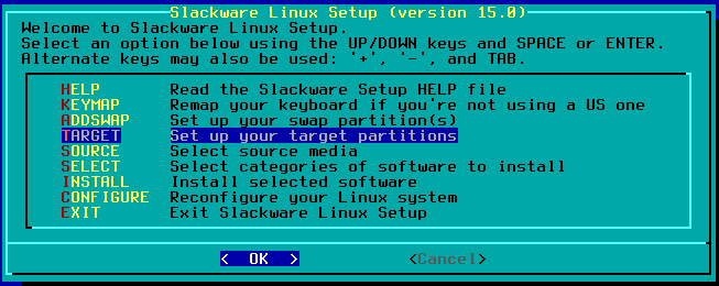 Picking the Target option on the Slackware install screen